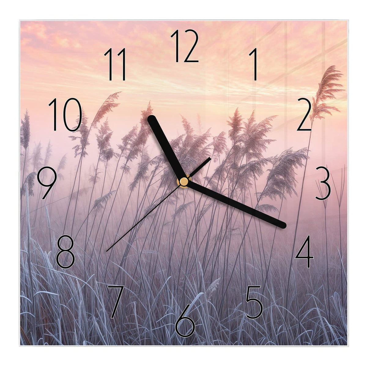 Wanduhr aus Glas, Ziffernblatt Klassisch mit Motiv Schilf im Morgenrot: Schilfrispen und frostiges Gras vor rosa-orangem Himmel