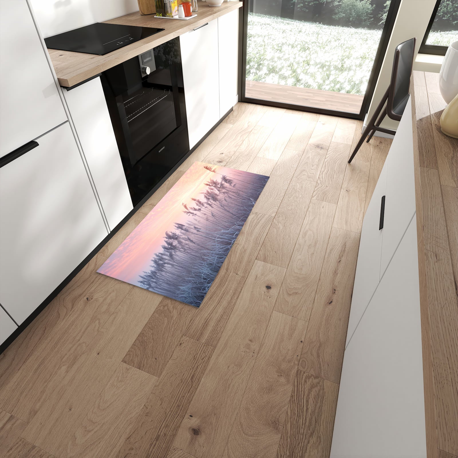 Rutschfester Küchenteppich mit Motiv Nebelwiese am Morgen in moderner Küche - leicht zu reinigen #grösse_60 x 120 cm