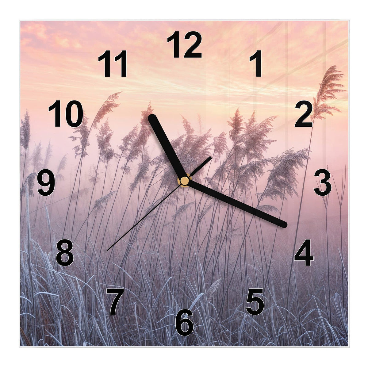 Wanduhr aus Glas, Ziffernblatt Modern mit Motiv Schilf im Morgenrot: Schilfrispen und frostiges Gras vor rosa-orangem Himmel