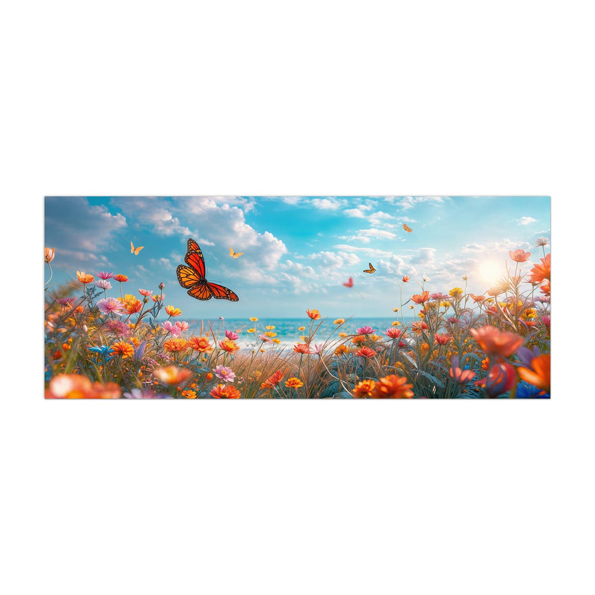 Küchenrückwand aus Glas Blütenwiese am Meer im Hochformat, Motiv bildfüllend von vorn