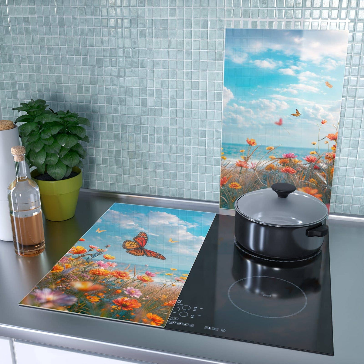 2-teilige Abdeckplatte Induktionsherd mit Sommerblumenwiese-Motiv als Spritzschutz hinter dem Kochfeld