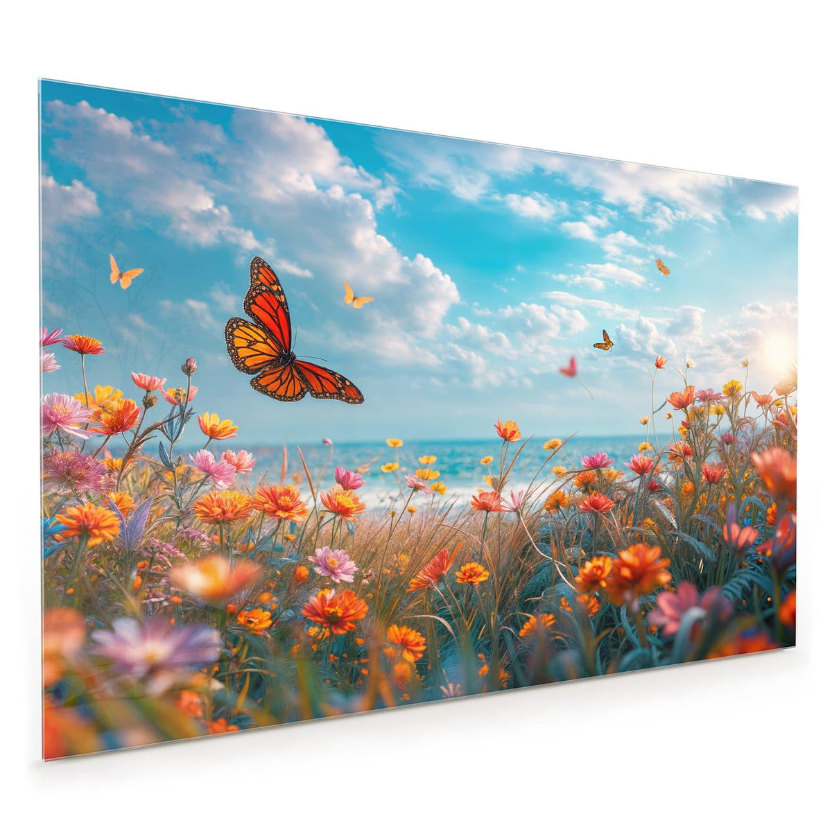 Küchenrückwand aus Glas im Hochformat mit Motiv Blütenwiese am Meer: Bunte Blumenwiese am Meer mit Monarchfalter, dahinter türkises Wasser und Wolkenhimmel