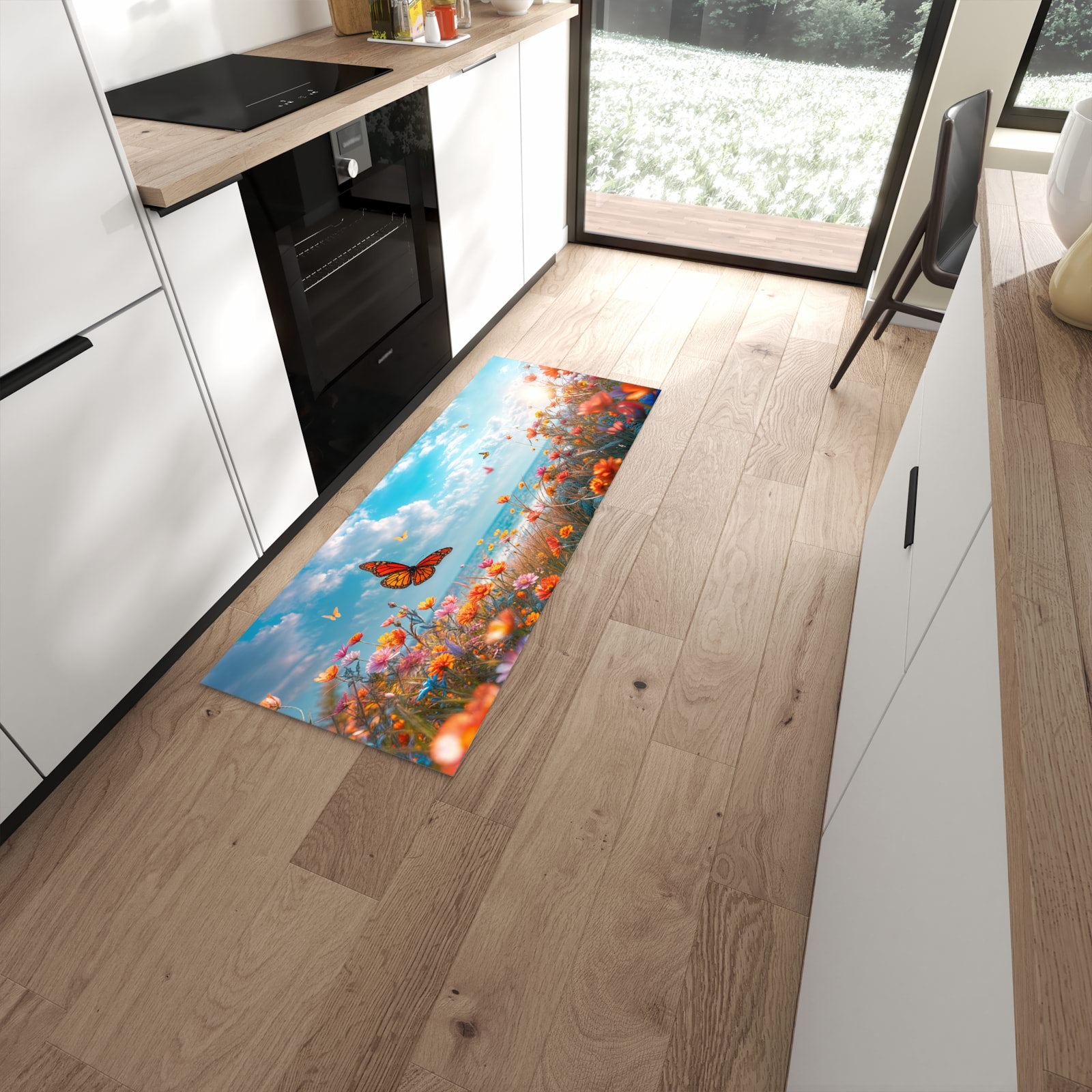 Abriebfester rutschfester Läufer mit Motiv Sommerblumenwiese in moderner Küche #grösse_60 x 150 cm