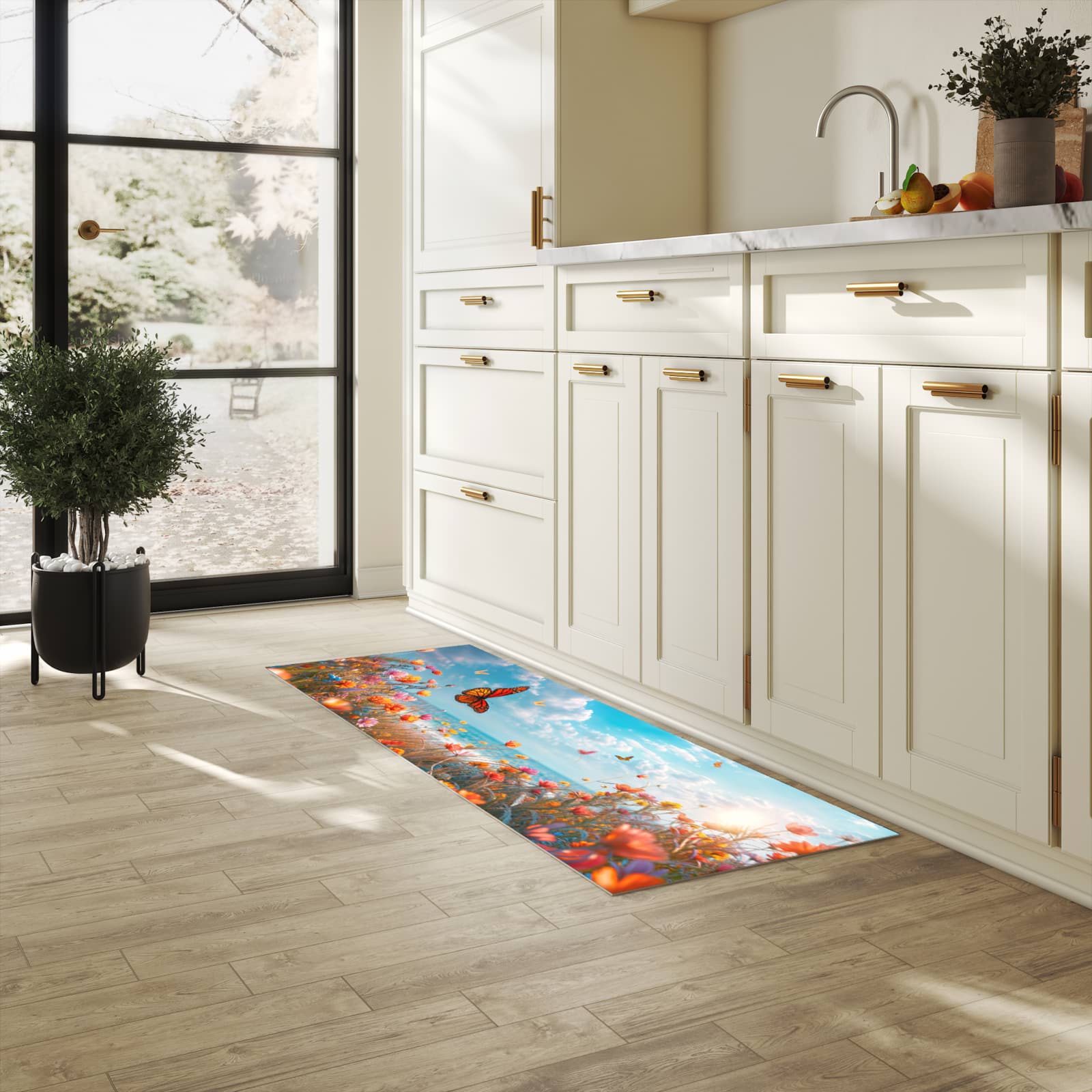 Formstabiler großer Küchenteppich mit Motiv Sommerblumenwiese in heller Küche