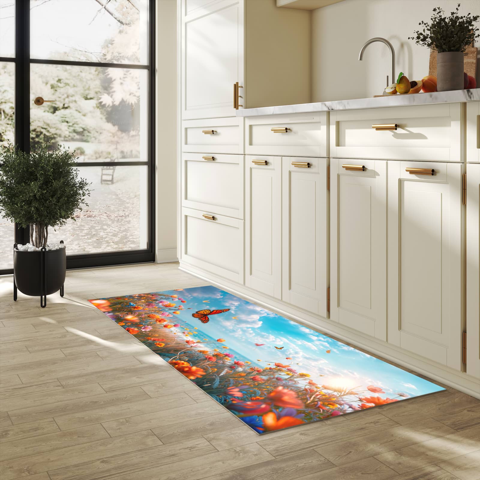 UV-beständiger Küchenläufer mit Motiv Sommerblumenwiese in heller Küche