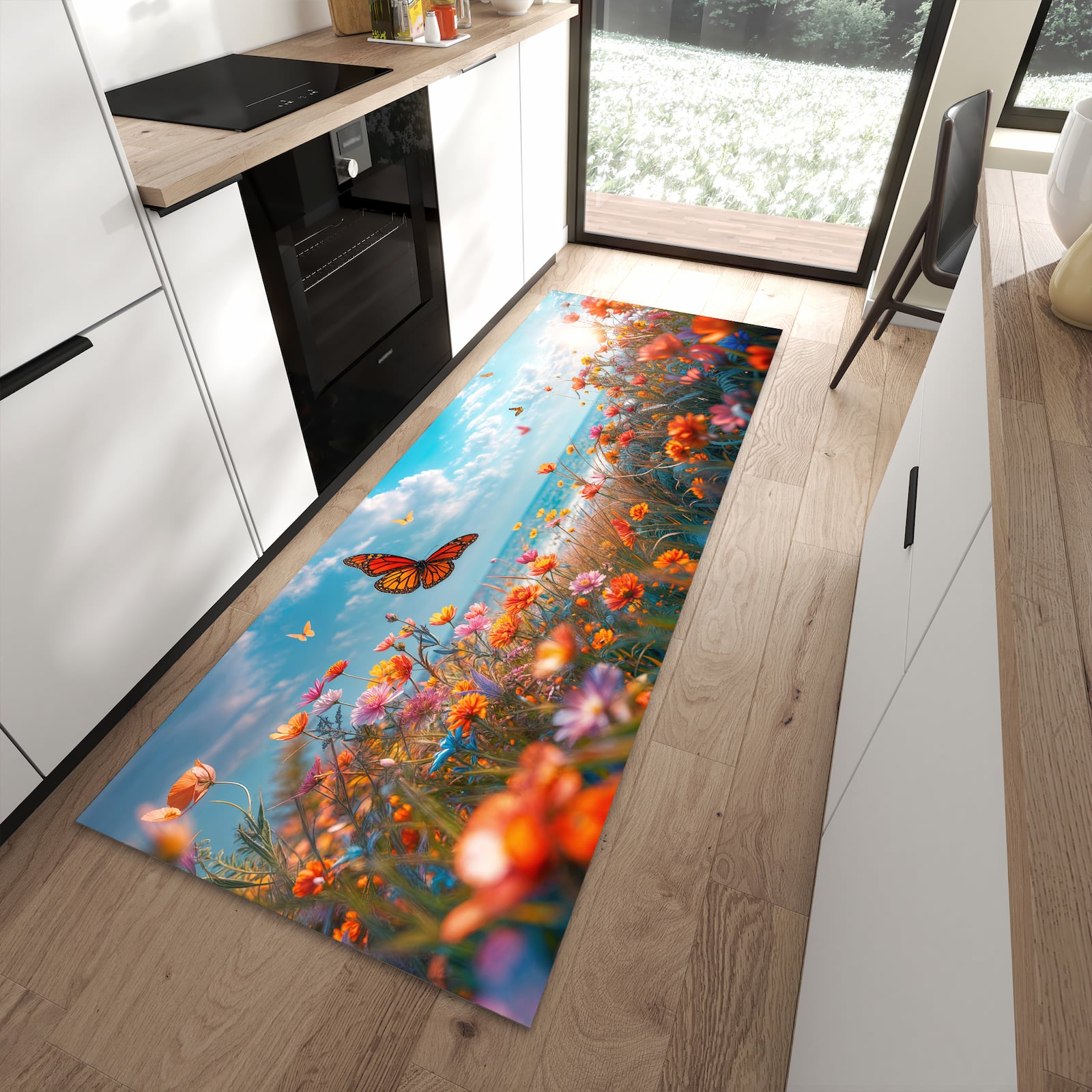 Rutschfester Küchenläufer mit Motiv Sommerblumenwiese in moderner Küche