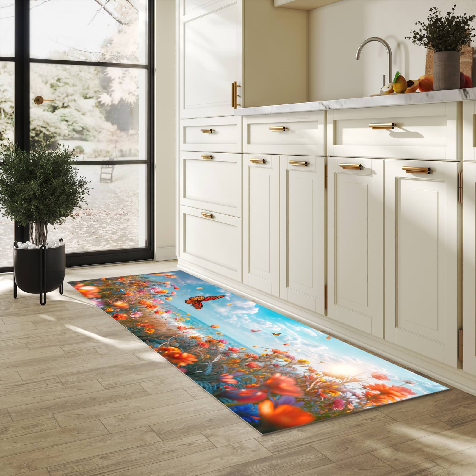 Rutschfester Küchenläufer mit Motiv Sommerblumenwiese für Trittkomfort in heller Küche