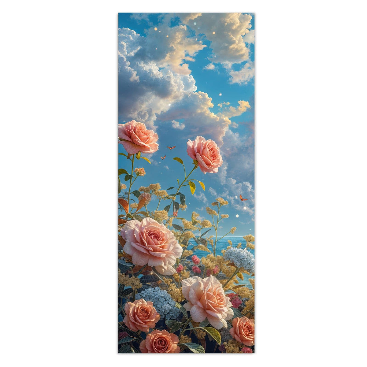Wandbild - Rosen vor dem Meer - Hochformat – Aprikosenfarbene Rosen vor dem Meer