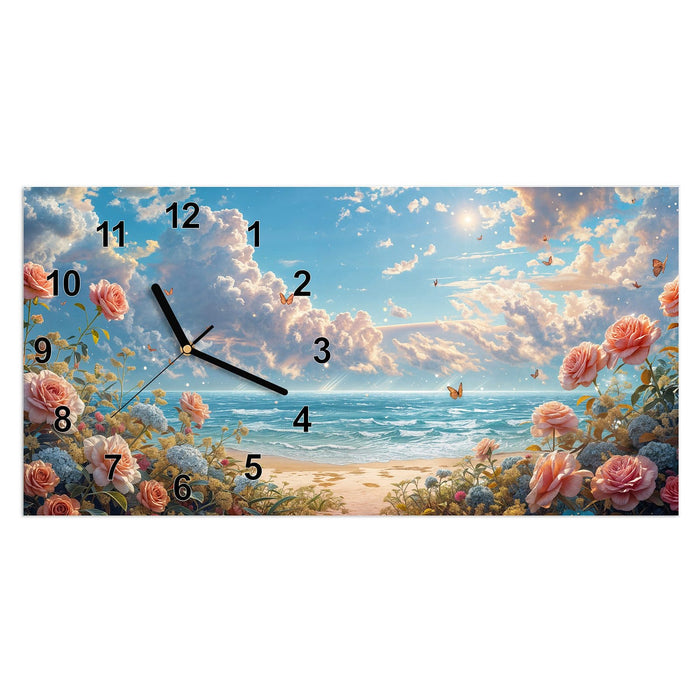 Wanduhr Strandzeit mit Rosen aus Glas – Querformat 60 × 30 cm mit Ziffernblatt Modern