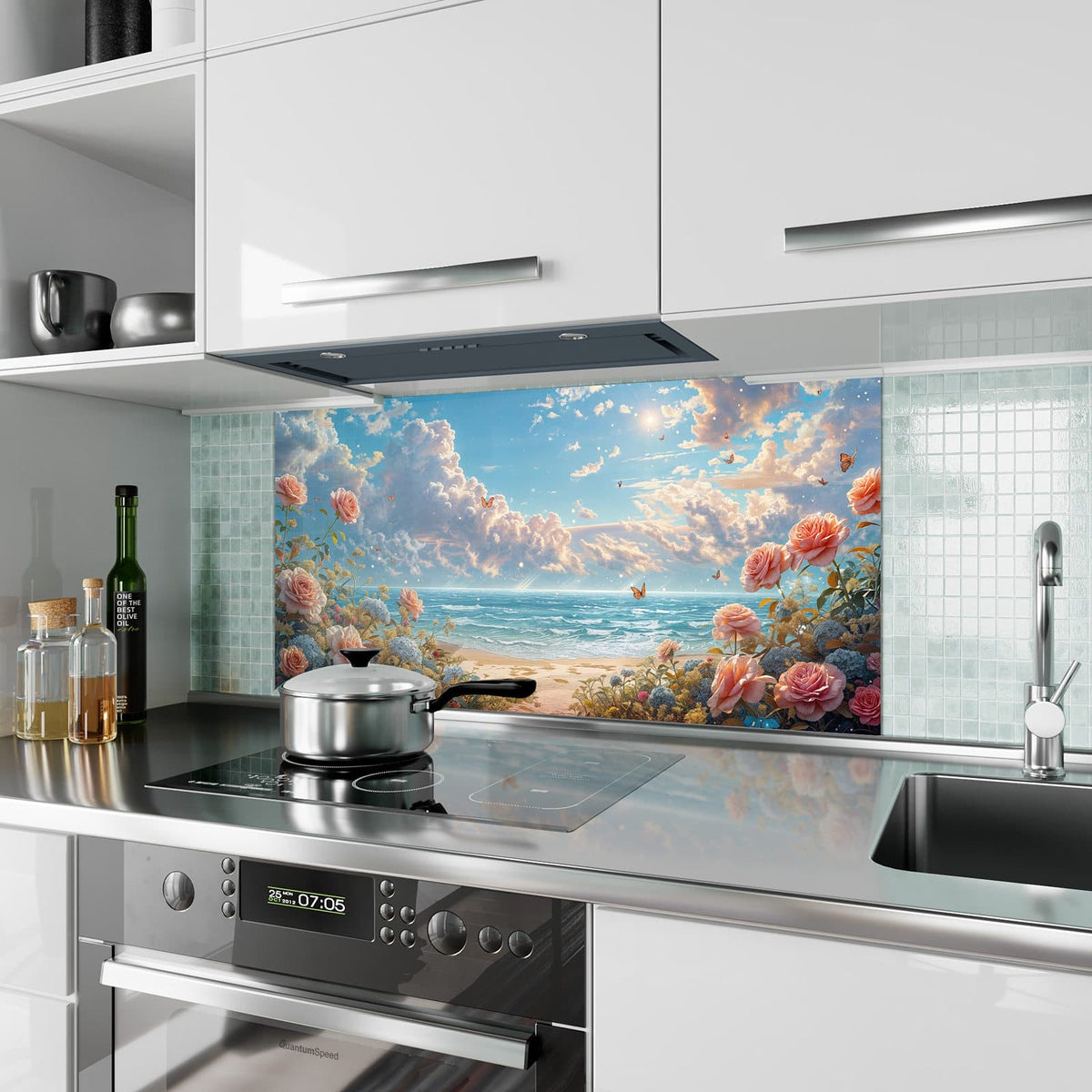 Küchenrückwand aus Glas Rosen vor dem Meer im Hochformat als Spritzschutz hinter dem Kochfeld, über dem Fliesenspiegel montiert