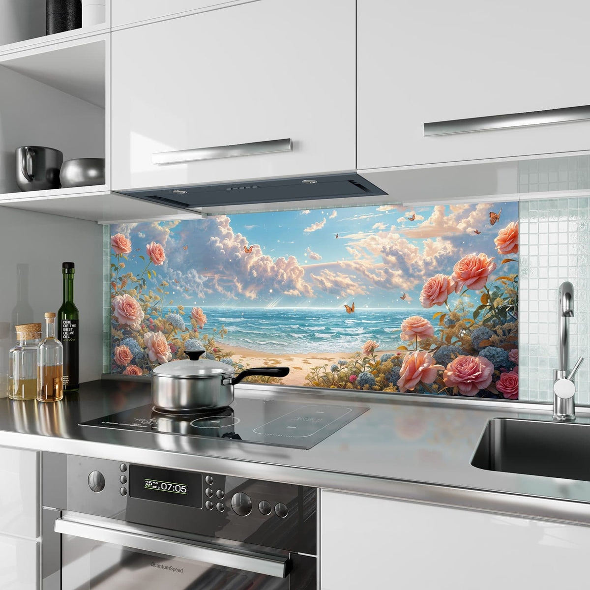 Küchenrückwand aus Glas Rosen vor dem Meer im Hochformat als Spritzschutz hinter dem Kochfeld, über dem Fliesenspiegel montiert