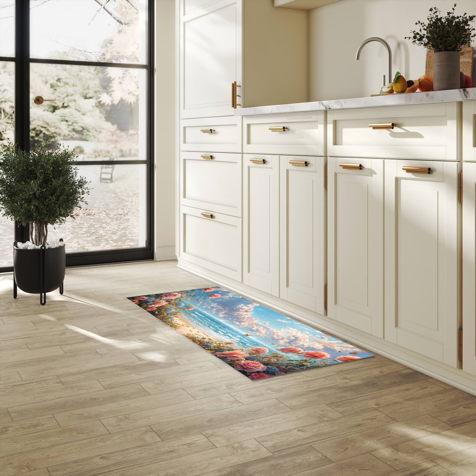 Komfortabler rutschfester Küchenteppich mit Motiv Strandzeit mit Rosen in heller Küche
