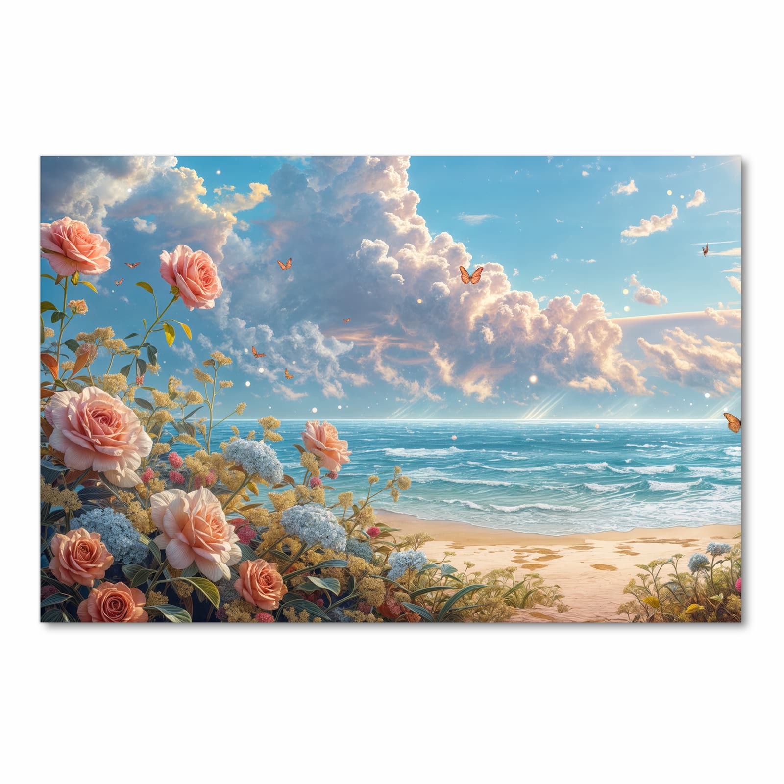 Waschbarer Küchenteppich mit Motiv Strandzeit mit Rosen in Frontansicht für Trittkomfort