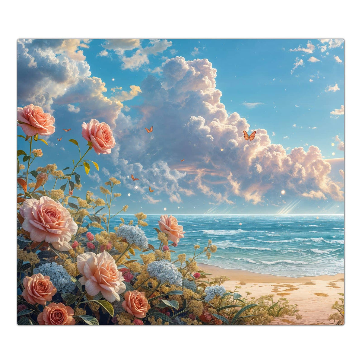 1-teilige Herdabdeckplatte aus Glas mit Strandzeit mit Rosen-Motiv in der Frontansicht #grösse_1-Teilig (60x52cm)