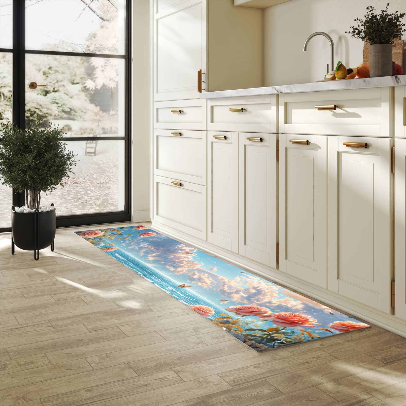 Küchenteppich mit angenehmer Haptik und Motiv Strandzeit mit Rosen in heller Küche, waschbar