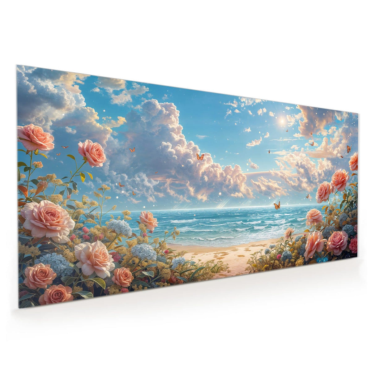 Küchenrückwand aus Glas im Hochformat: Aprikosen- und rosafarbene Rosen im Vordergrund, dahinter Meer, Wolkenhimmel und kleine Schmetterlinge