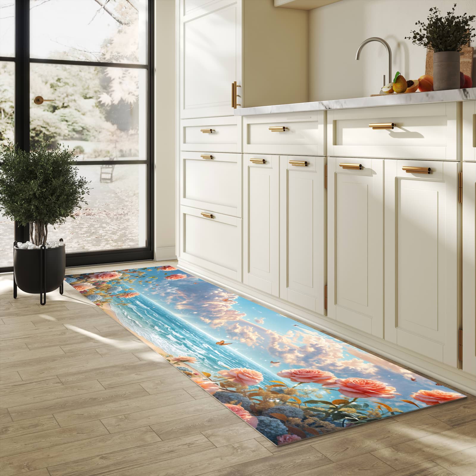 Rutschfester Küchenteppich mit Motiv Strandzeit mit Rosen in heller Küche