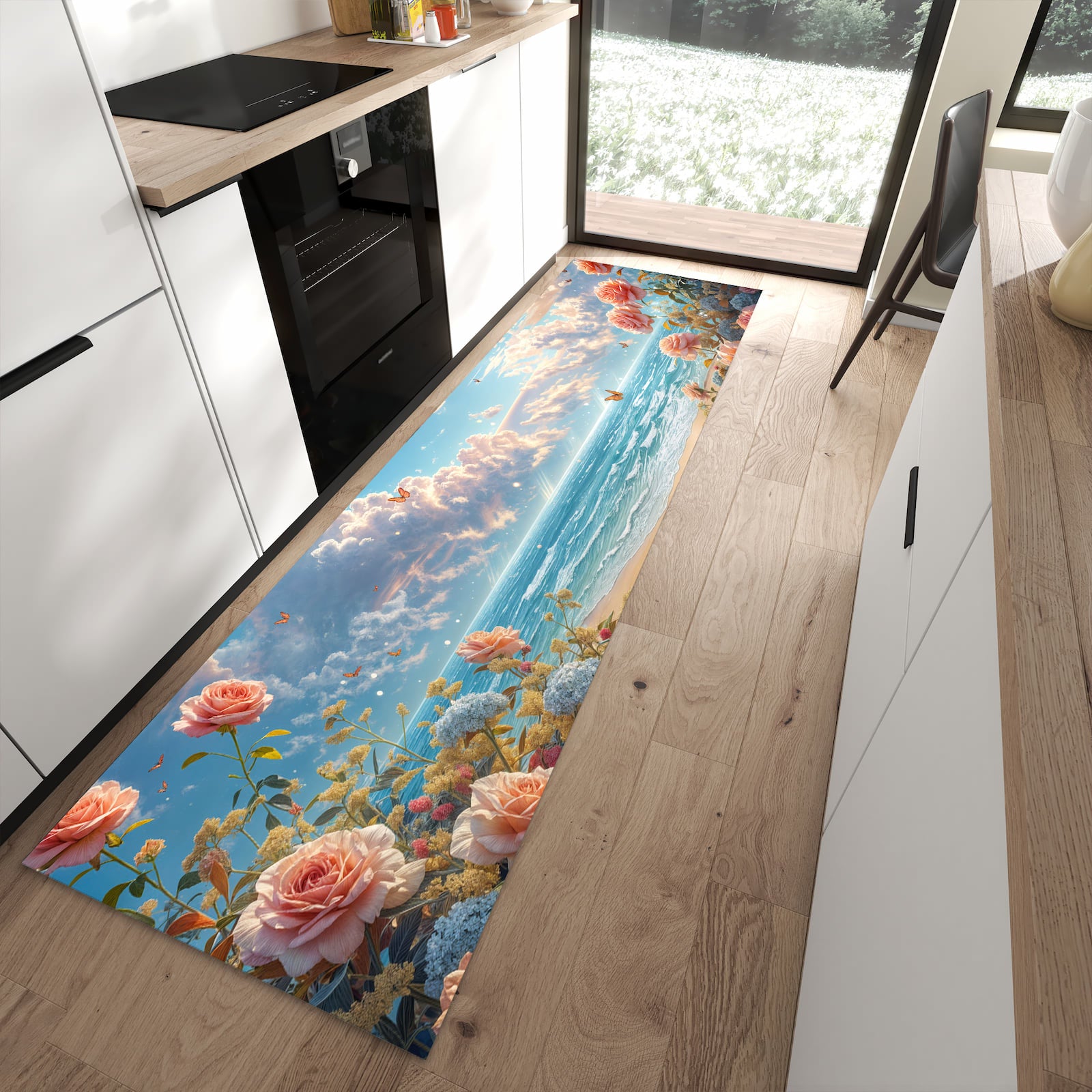 Farbbeständiger Teppichläufer mit Motiv Strandzeit mit Rosen in moderner Küche