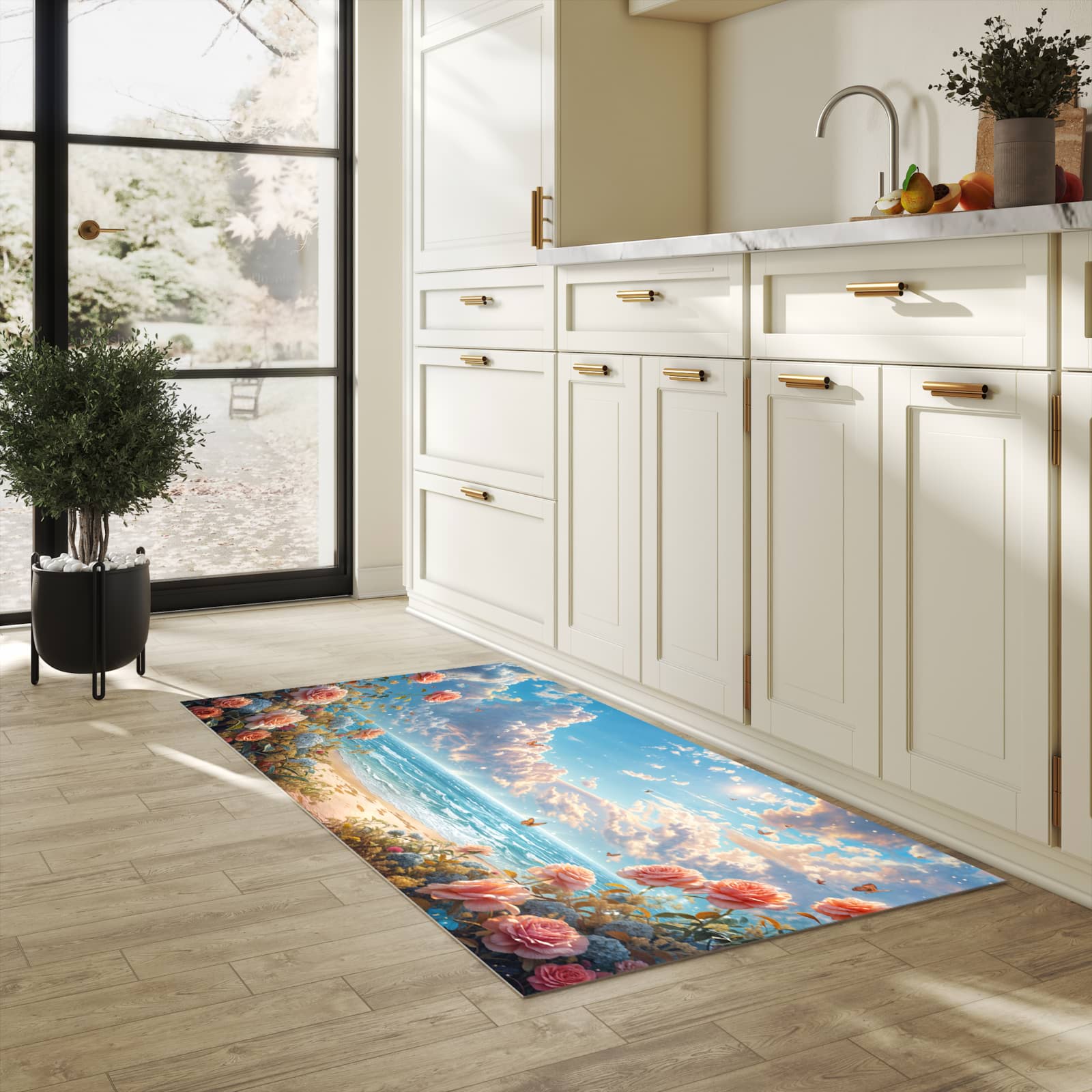 Rutschfester Küchenteppich mit Motiv Strandzeit mit Rosen in heller Küche schützt den Boden