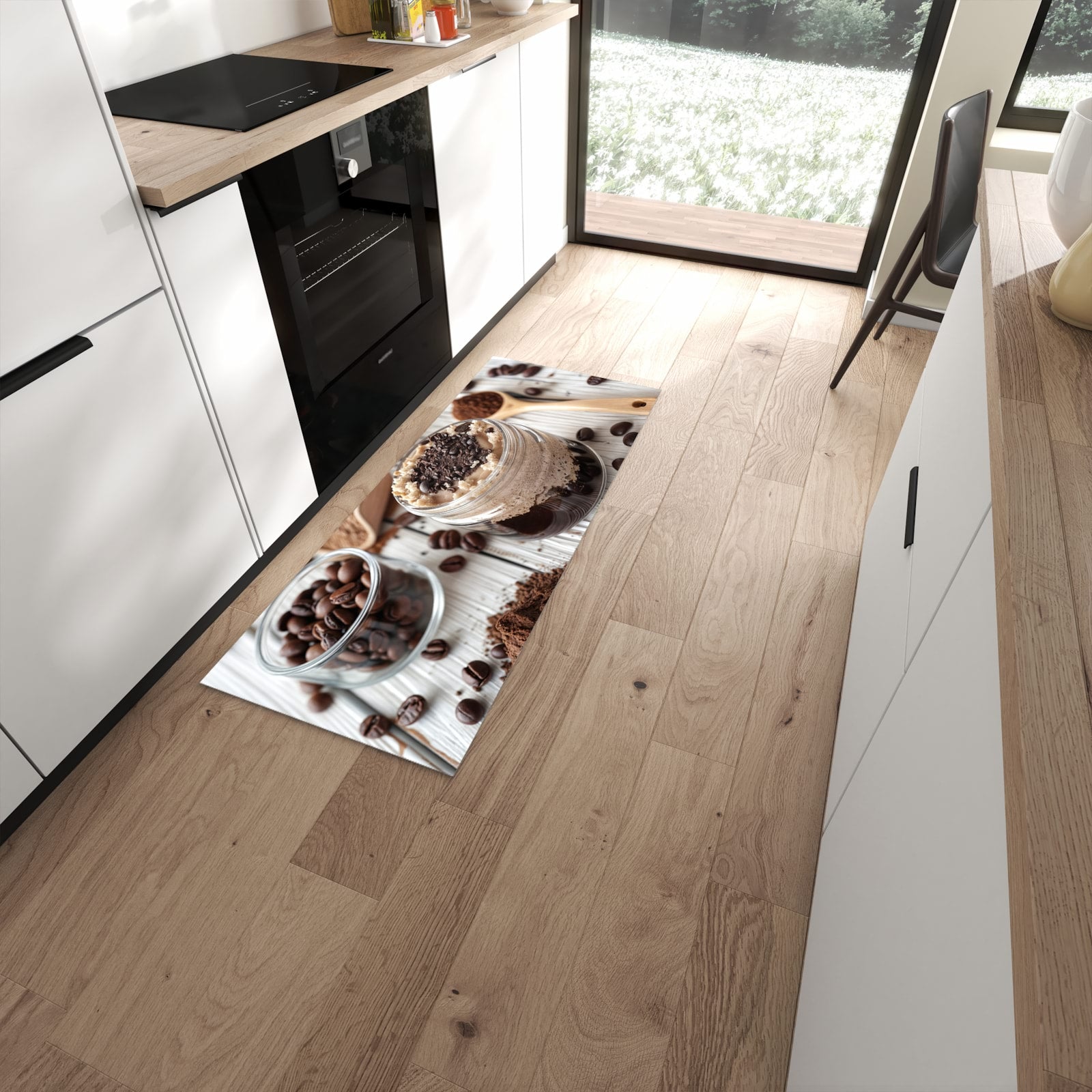 Komfortabler Küchenläufer nach Maß mit Motiv Kaffeedessert Glas in moderner Küche #grösse_60 x 150 cm