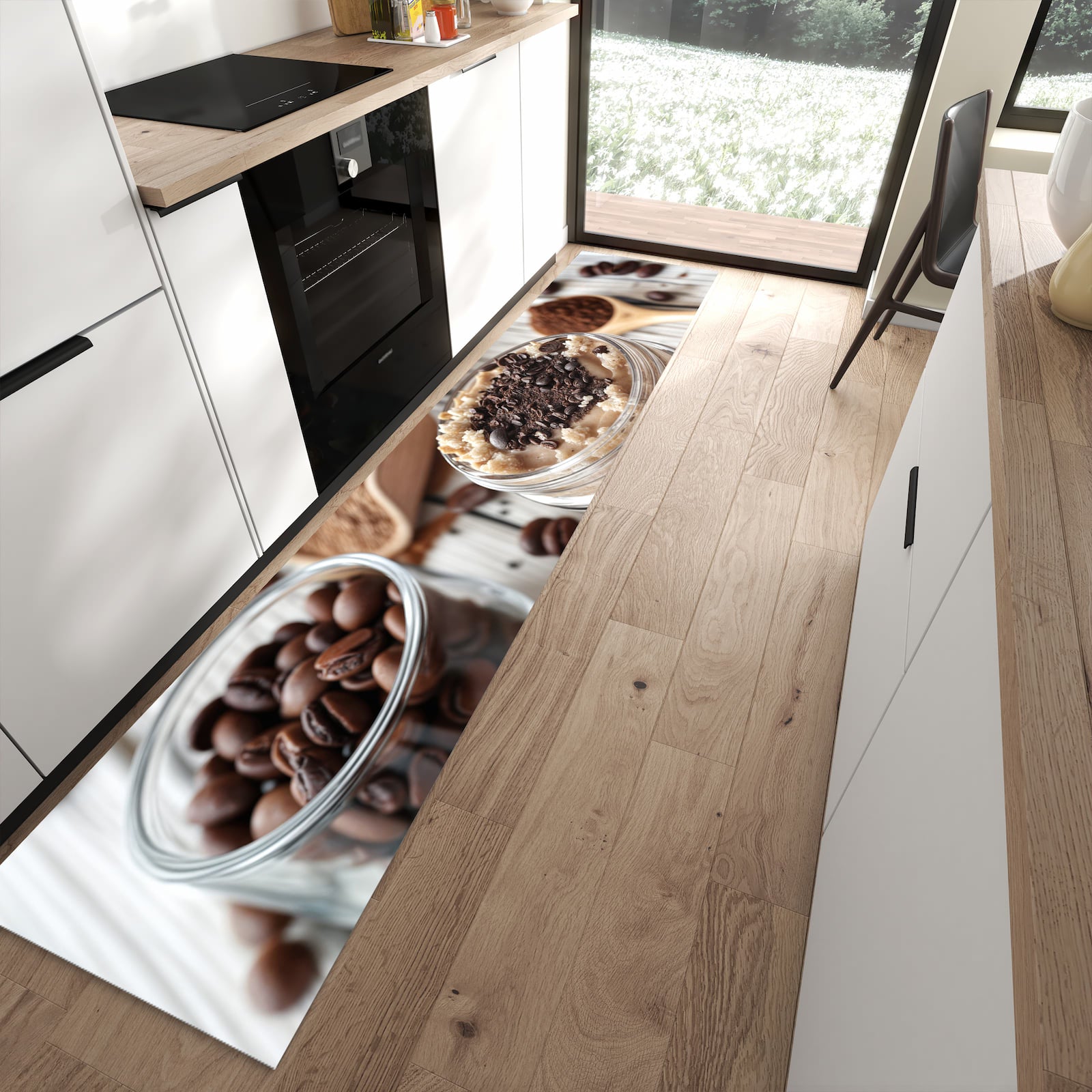 Geruchsneutraler abwaschbarer Küchenteppich mit Motiv Kaffeedessert Glas in moderner Küche