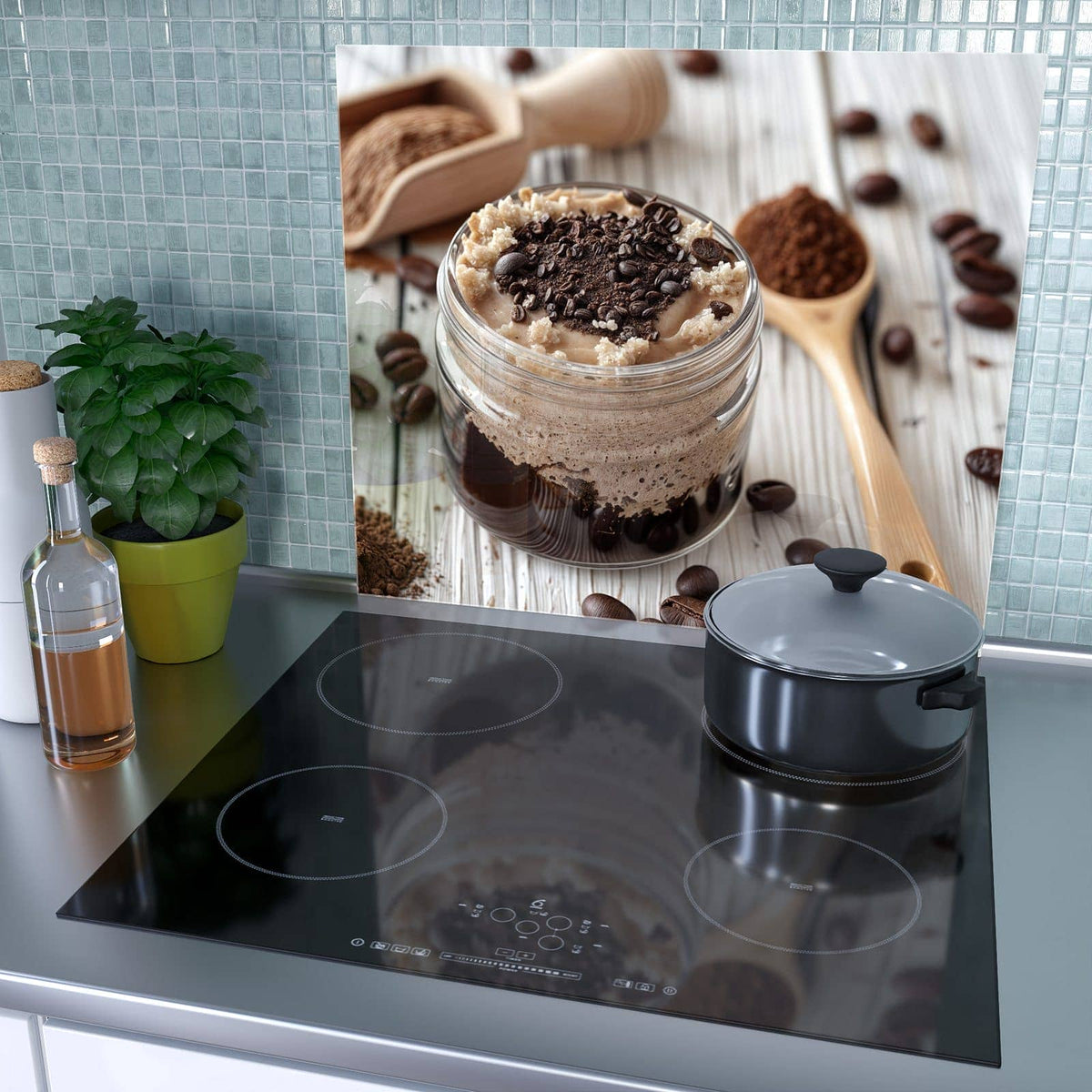 1-teilige Herdabdeckplatten für Ceranfeld mit Kaffeedessert Glas-Motiv als Spritzschutz hinter dem Kochfeld