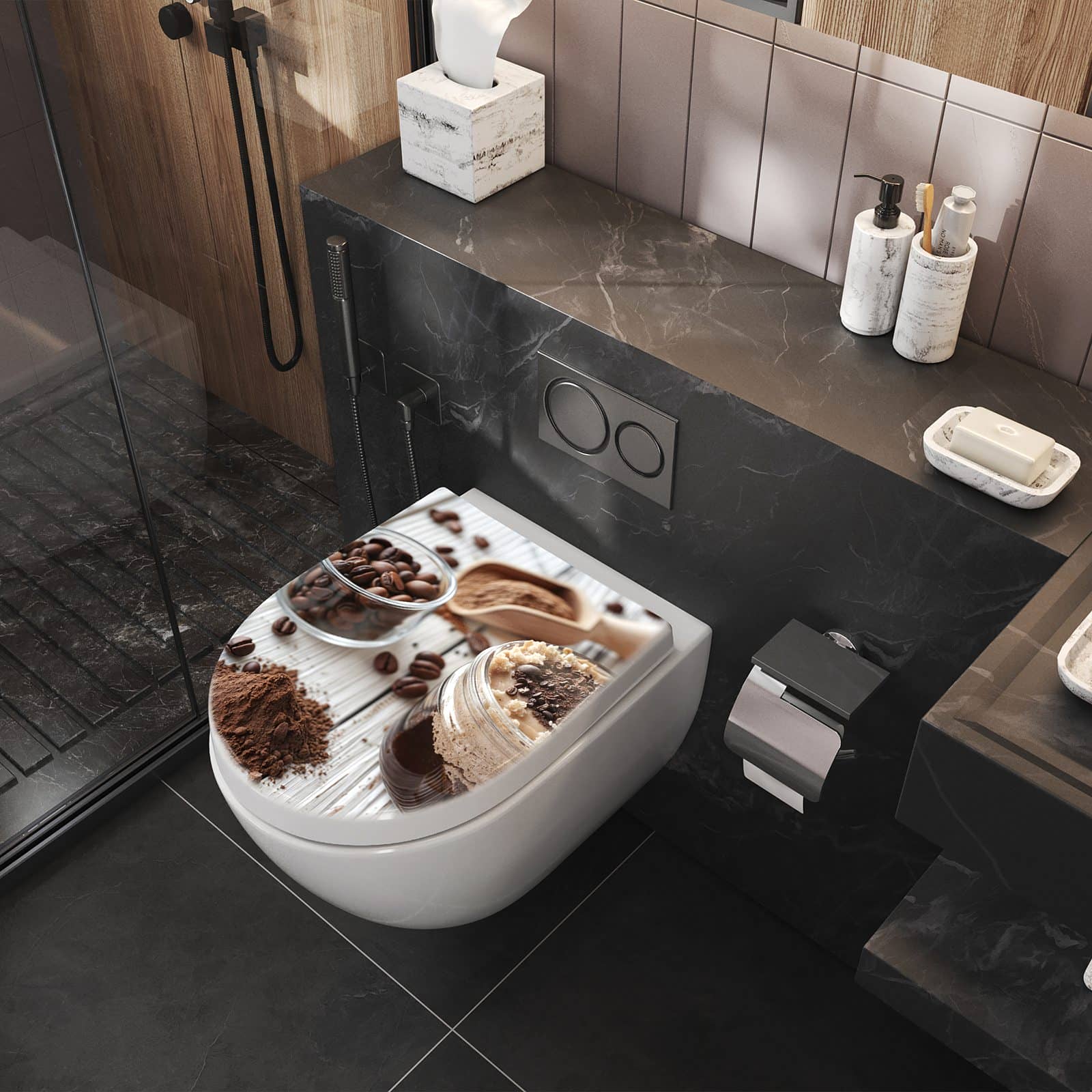 WC-Sitz mit Absenkautomatik Kaffeedessert Glas