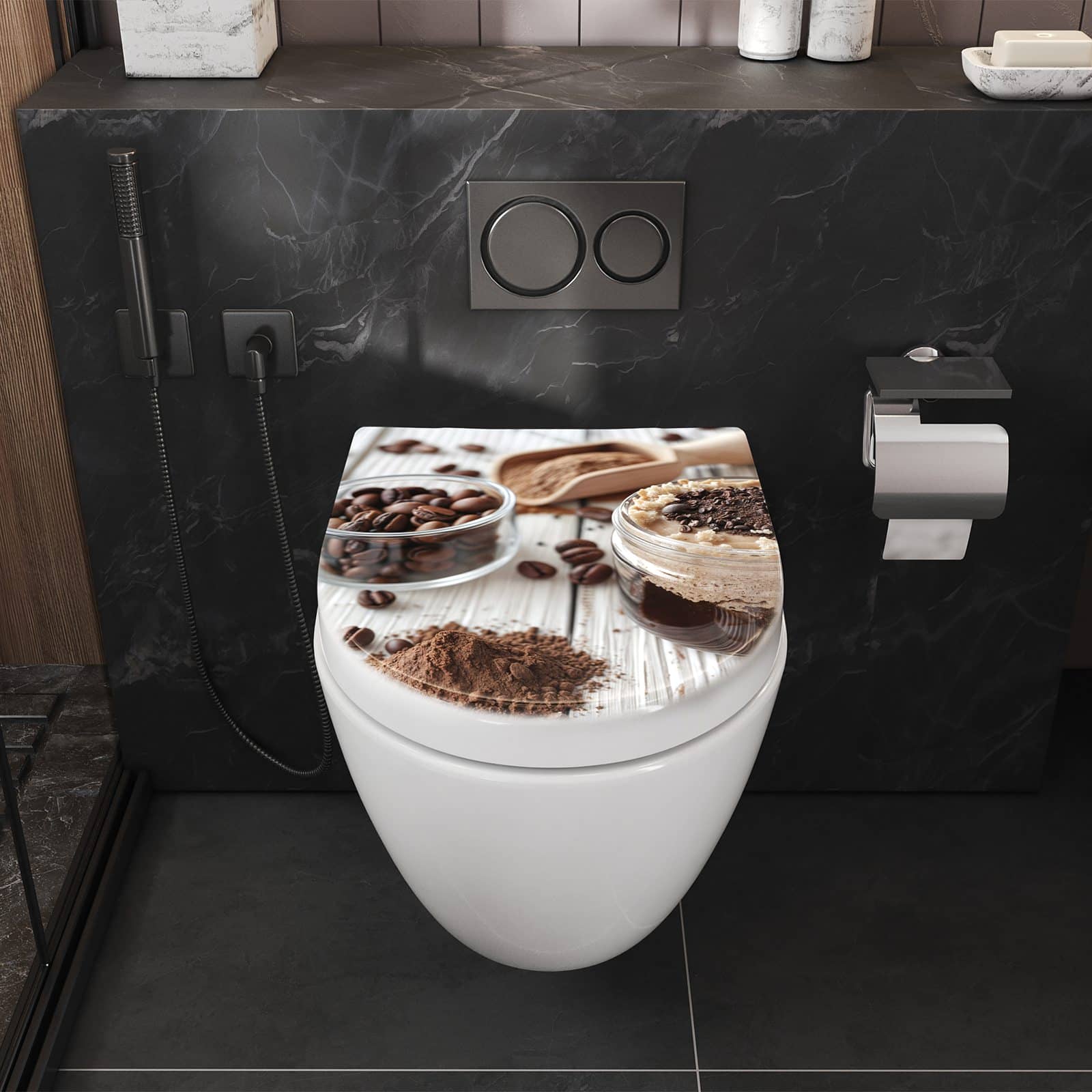 WC-Sitz mit Absenkautomatik Kaffeedessert Glas