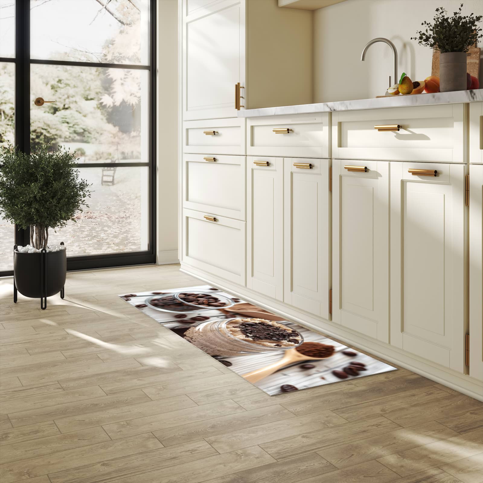 Zeitsparender Küchenteppich mit Motiv Kaffeedessert Glas in heller Küche