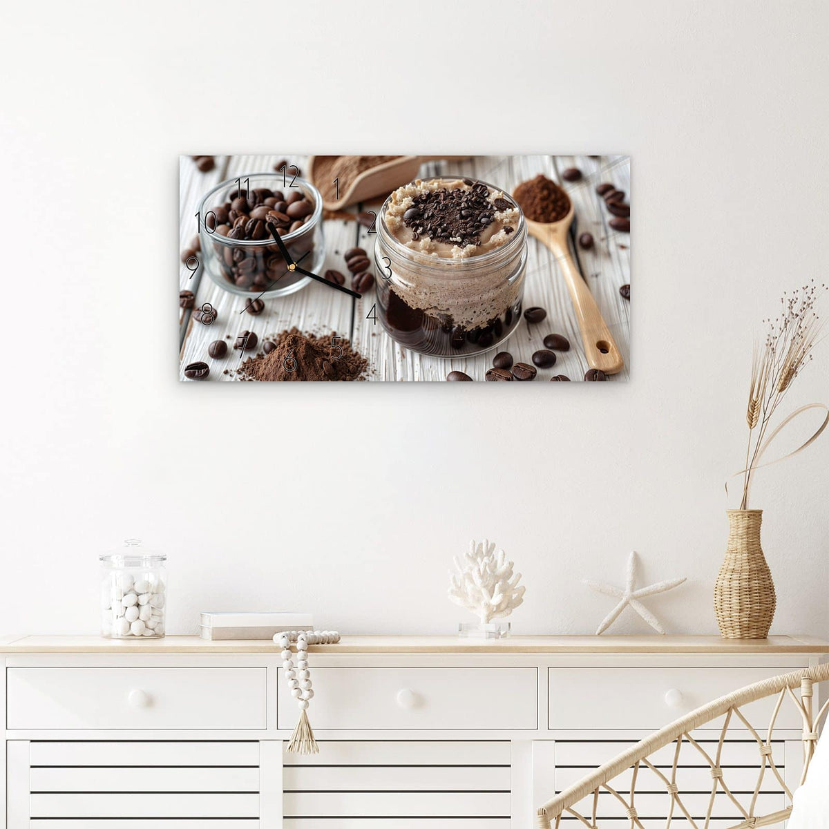Wanduhr Kaffeedessert Glas aus Glas – Querformat 60 × 30 cm – Cremiges Kaffeedessert mit Kakaopulver