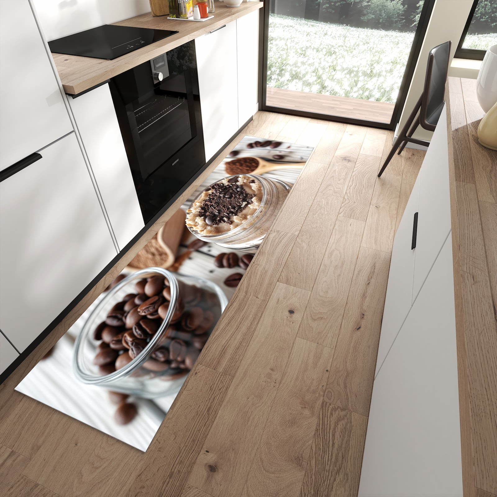 Fleckenresistenter moderner Küchenläufer mit Motiv Kaffeedessert Glas in moderner Küche