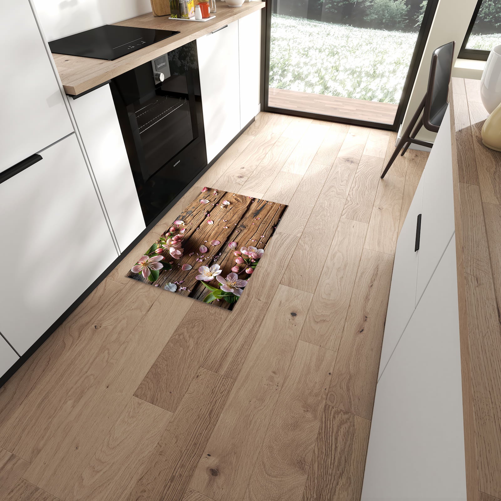 Bodenschonender Küchenläufer mit Motiv Blüten auf Holz in moderner Küche