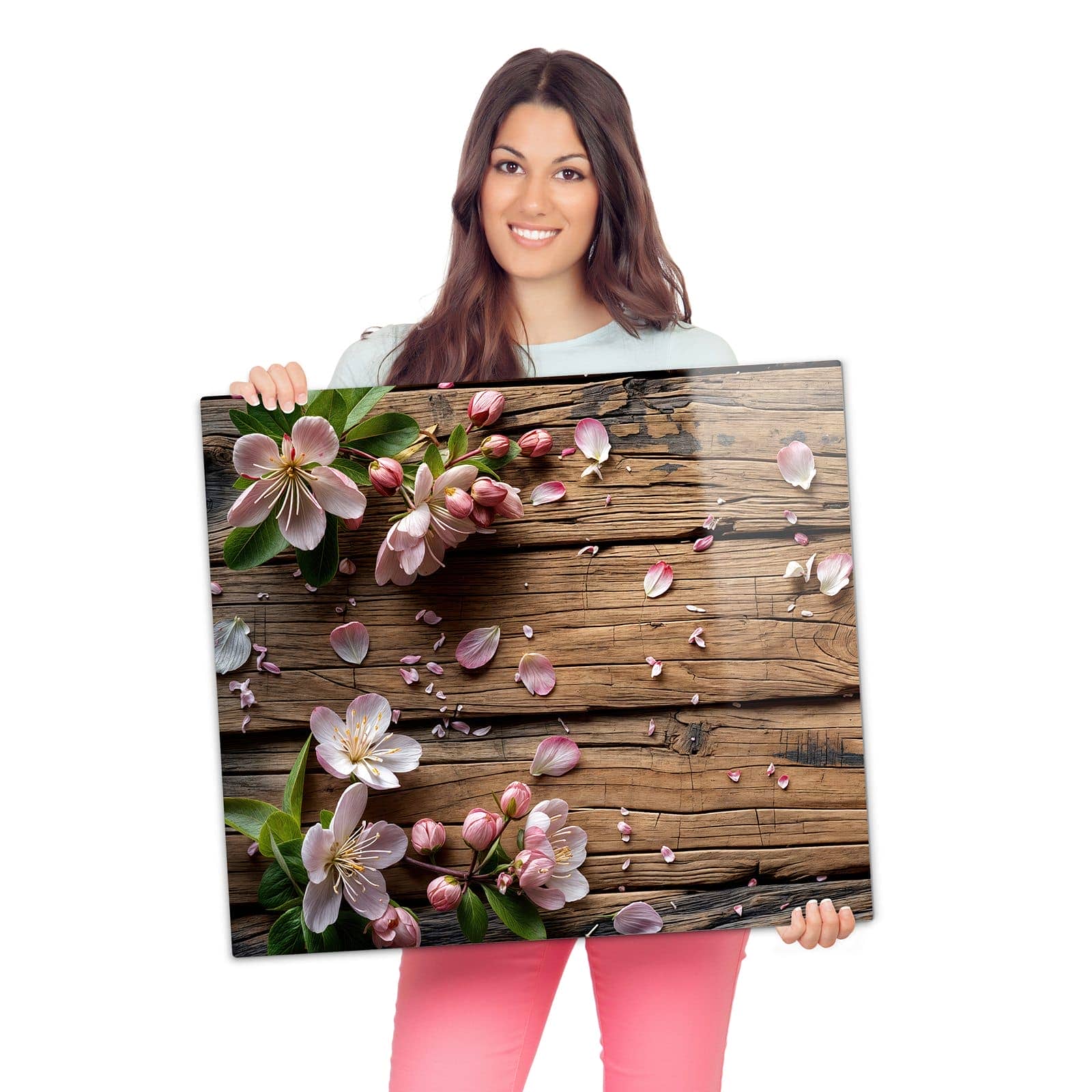 Kochfeldabdeckung mit Blüten auf Holz-Motiv wird zur Größendarstellung gehalten