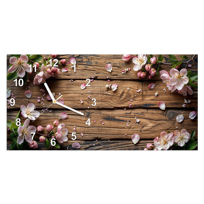 Wanduhr Blüten auf Holz aus Glas – Querformat 60 × 30 cm mit Ziffernblatt Modern
