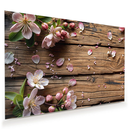 Wandbild mit dem Motiv Apfelblüten auf Holz