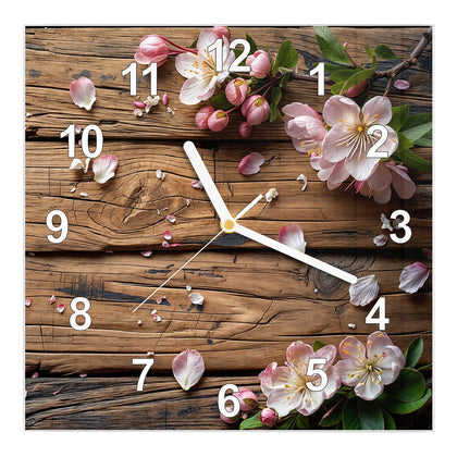 Wanduhr Quadratisch mit dem Motiv Apfelblüten auf Holz