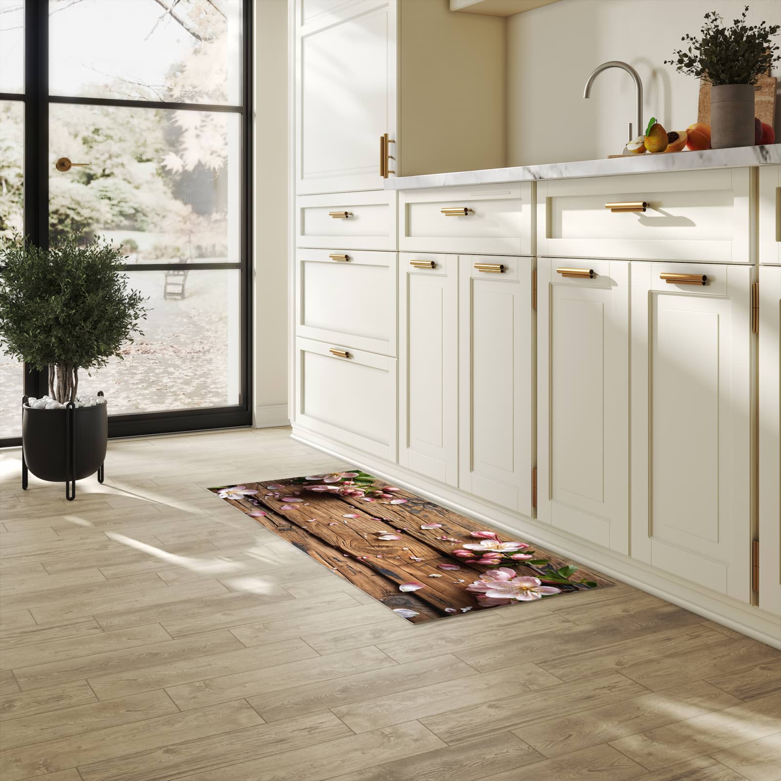 Pflegeleichter moderner Küchenläufer mit Motiv Blüten auf Holz in heller Küche