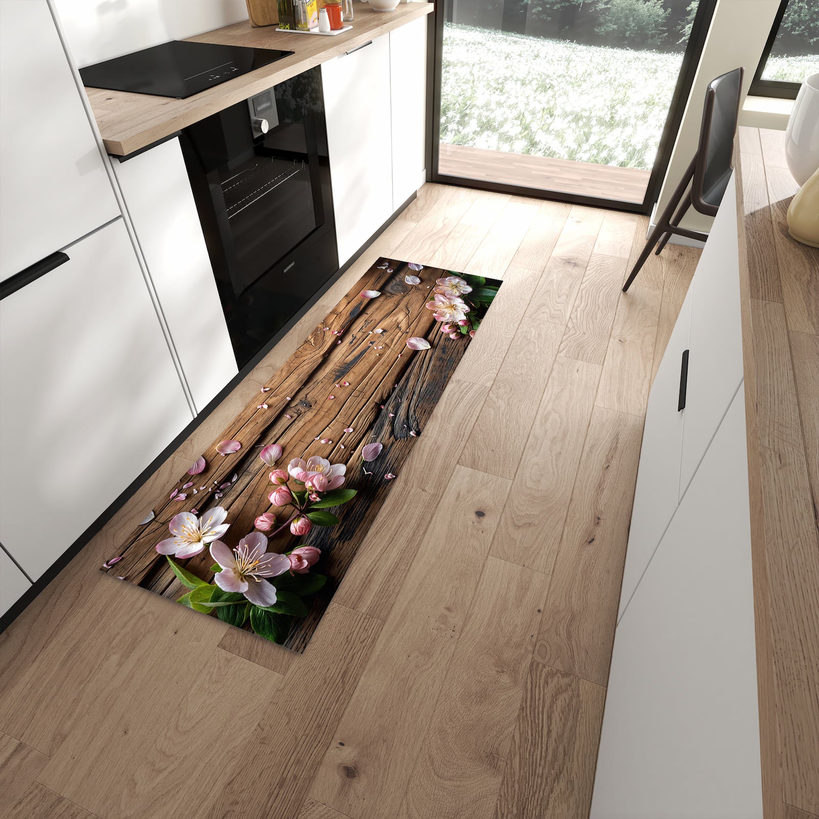 Rutschfester großer Küchenteppich mit Motiv Blüten auf Holz in moderner Küche