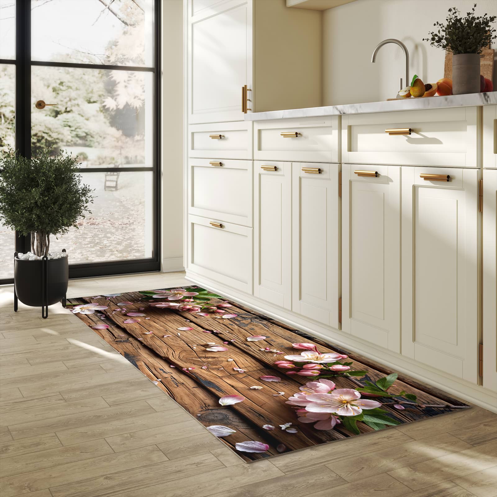 Farbbeständiger Läufer für die Küche mit Motiv Blüten auf Holz in heller Küche