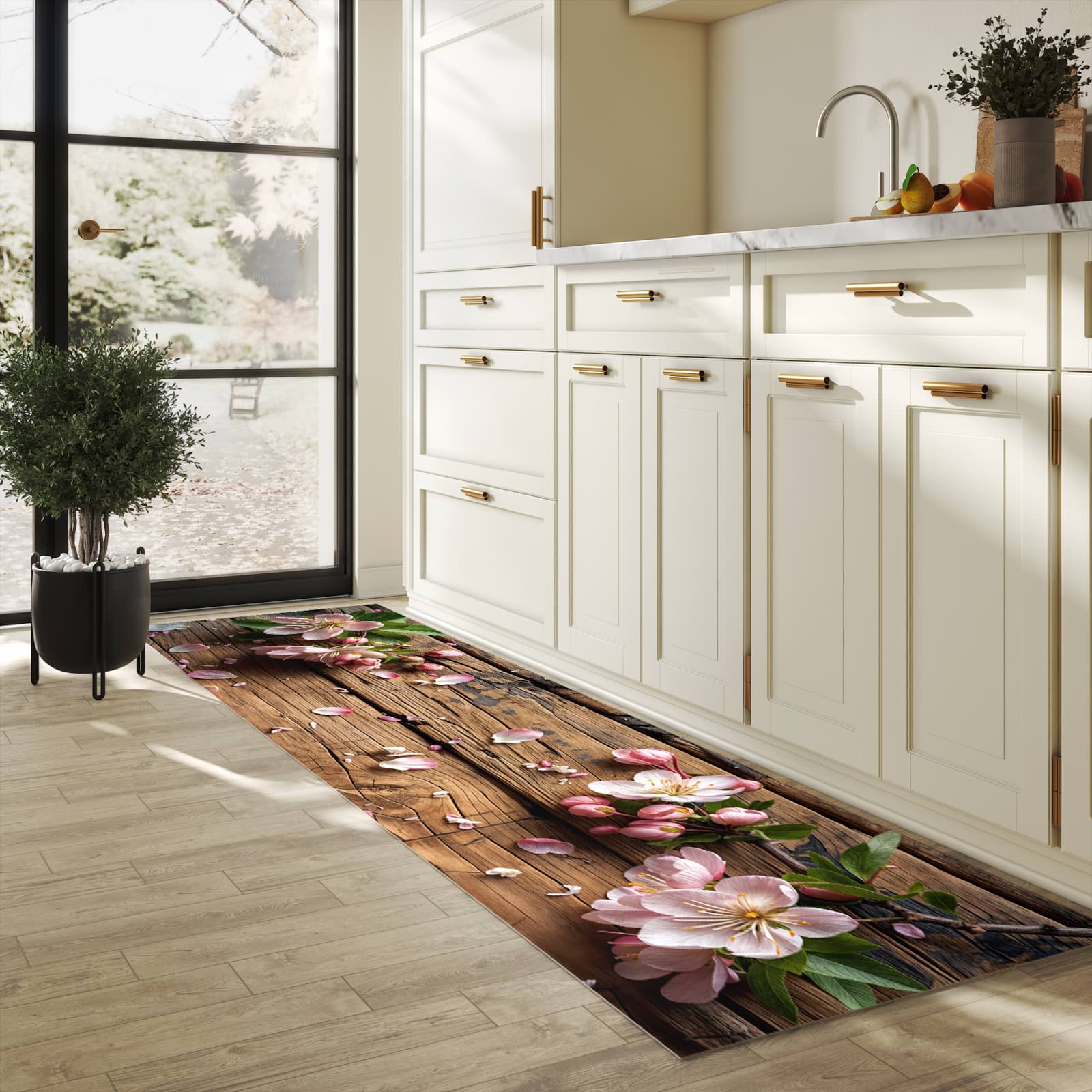 Küchenteppich mit Motiv Blüten auf Holz für Ordnung & Übersicht in heller Küche