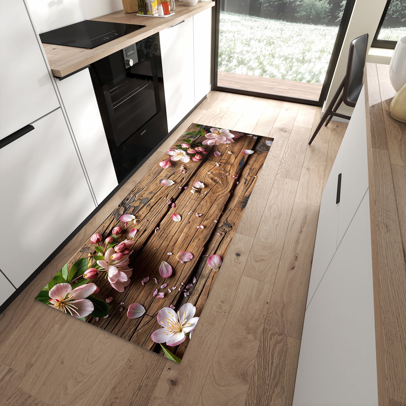 Farbbeständiger waschbarer Küchenläufer mit Motiv Blüten auf Holz in moderner Küche