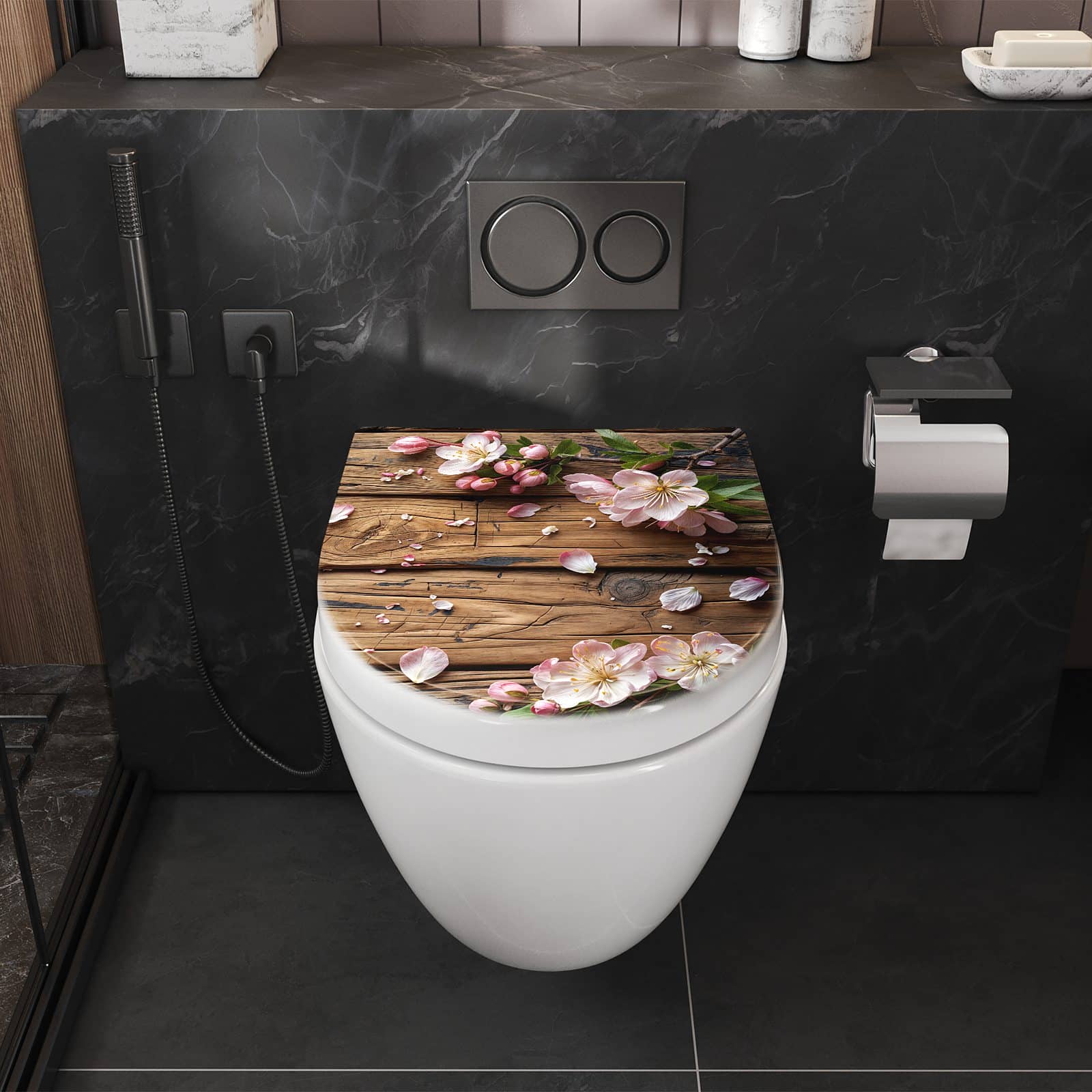 WC-Sitz mit Absenkautomatik Blüten auf Holz