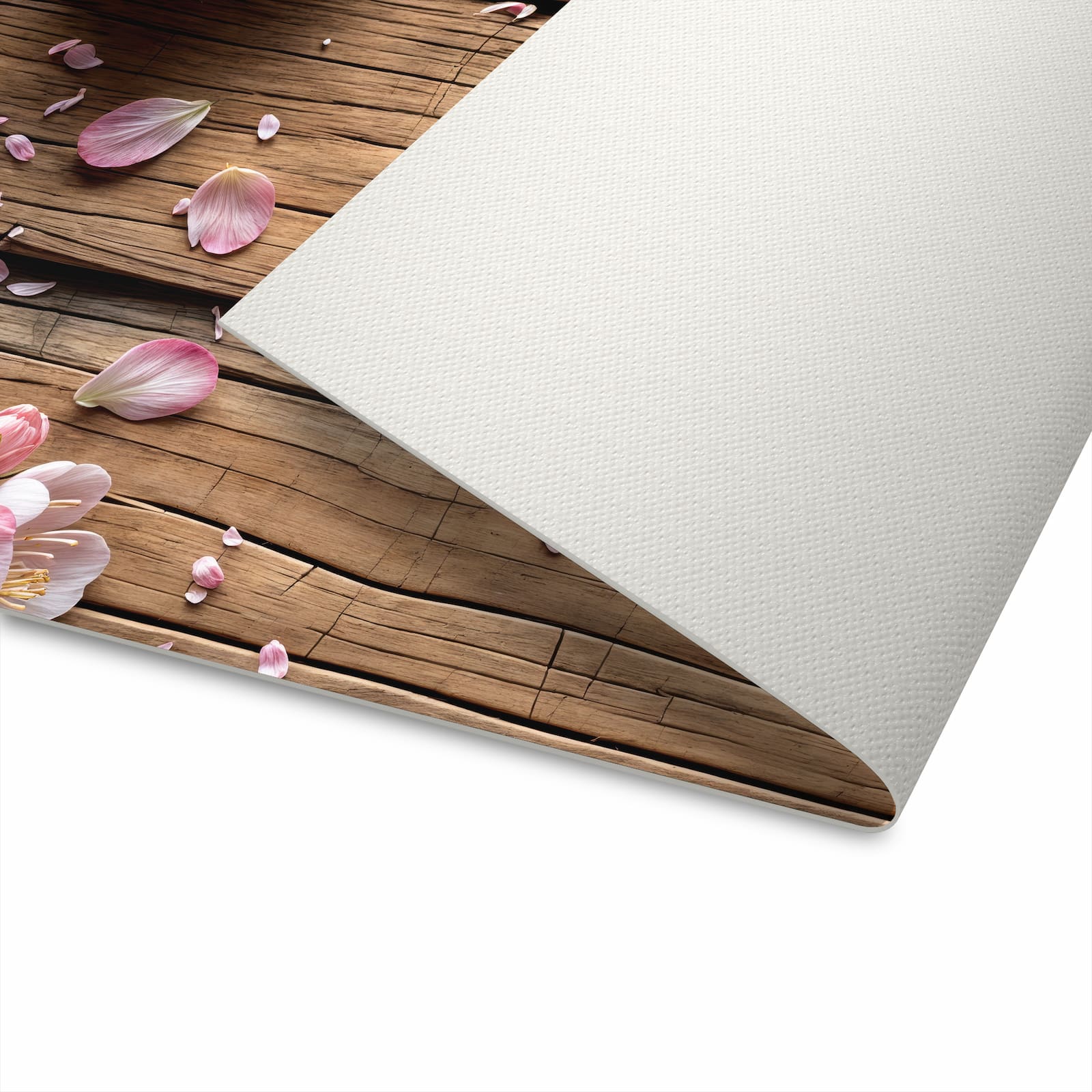 Pflegeleichter Küchenteppich mit Motiv Blüten auf Holz in der Unterseite