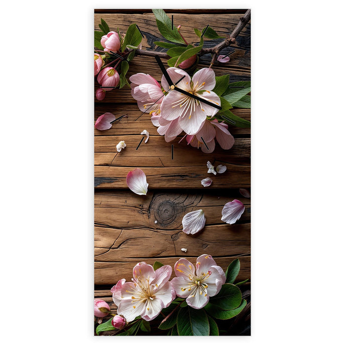 Wanduhr Blüten auf Holz aus Glas – Hochformat 30 × 60 cm mit Ziffernblatt Linie