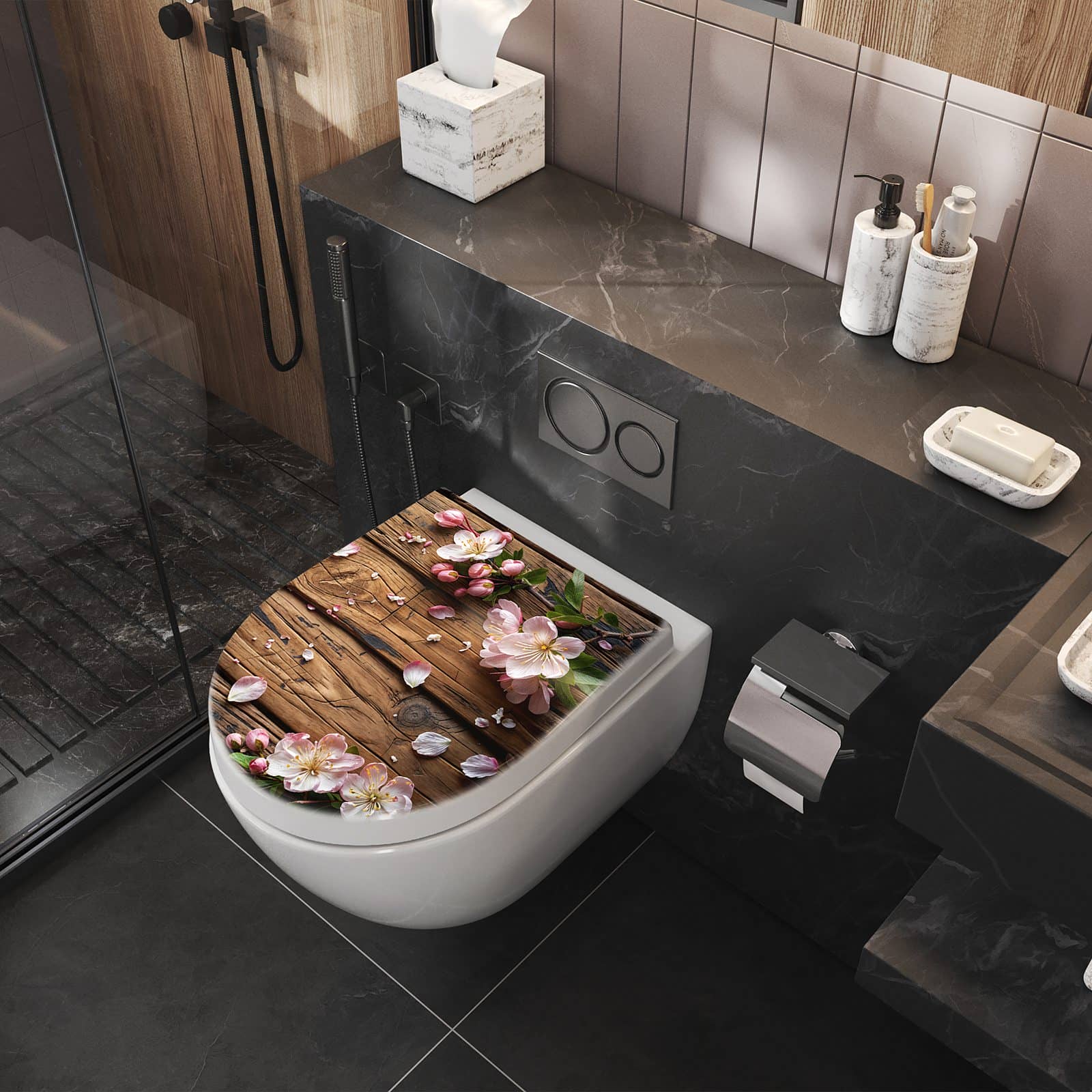 WC-Sitz mit Absenkautomatik Blüten auf Holz
