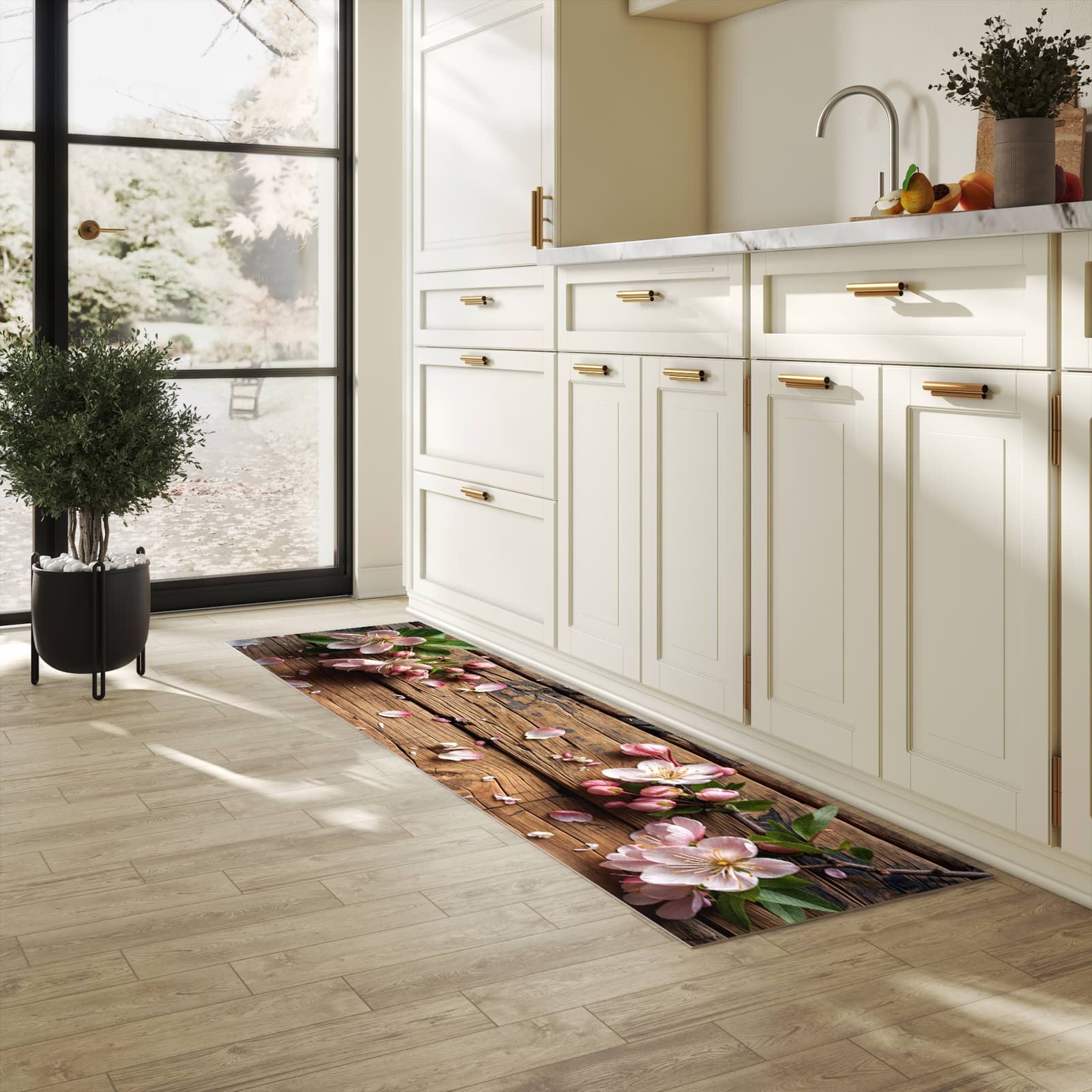 Hygienischer Küchenteppich mit Motiv Blüten auf Holz in heller Küche - abwaschbar