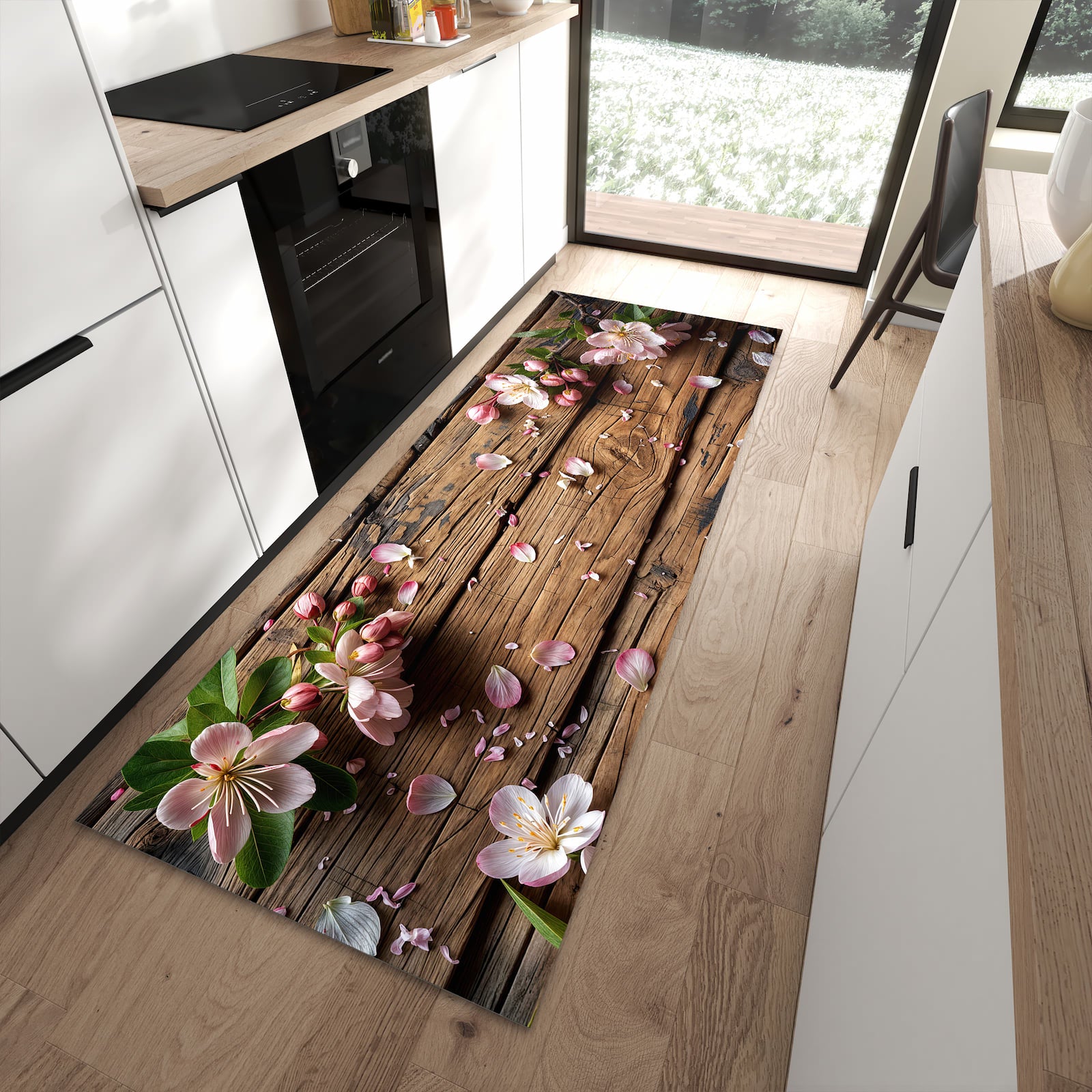Abriebfester rutschfester Küchenläufer mit Motiv Blüten auf Holz in moderner Küche