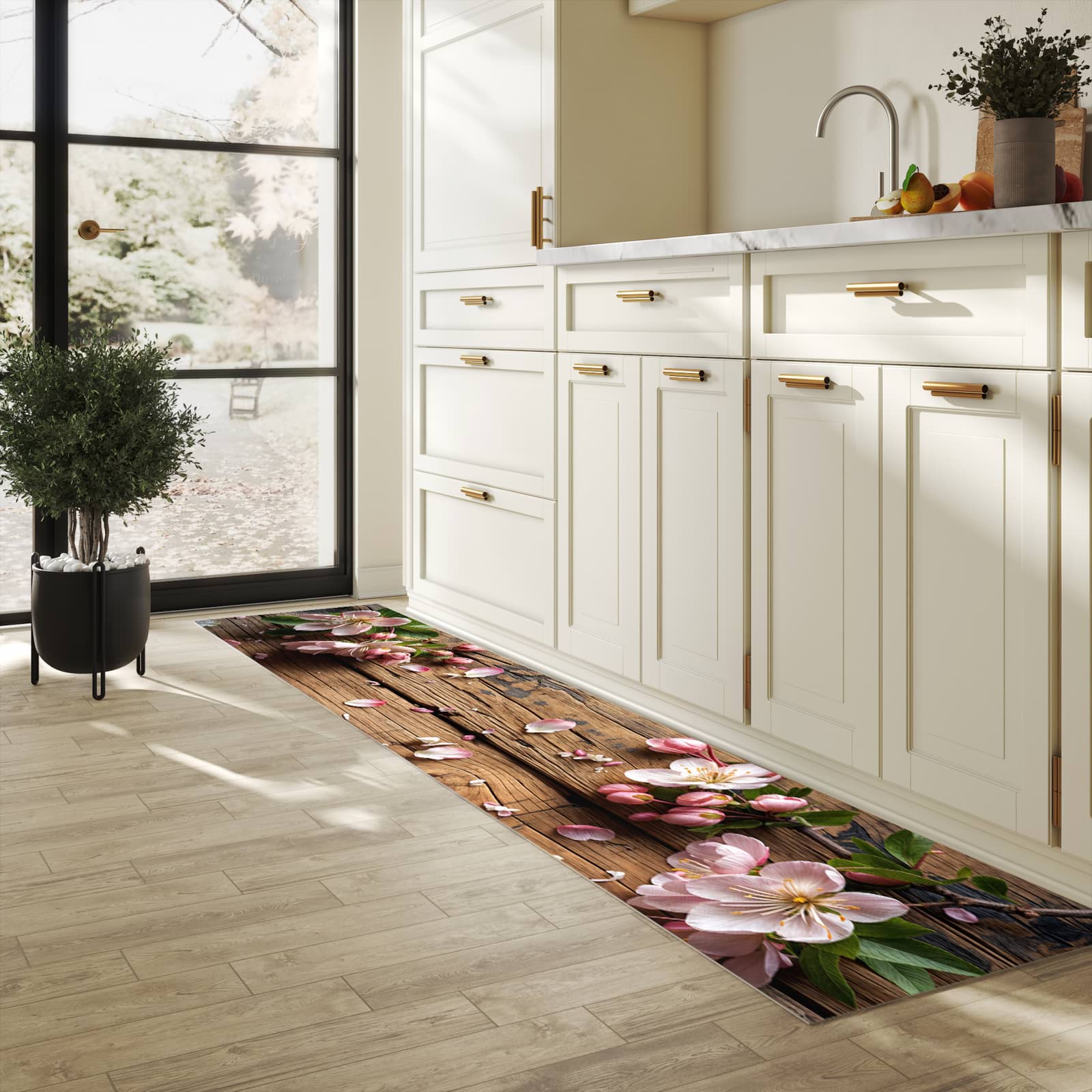 Waschbarer Küchenteppich mit Motiv Blüten auf Holz in heller Küche