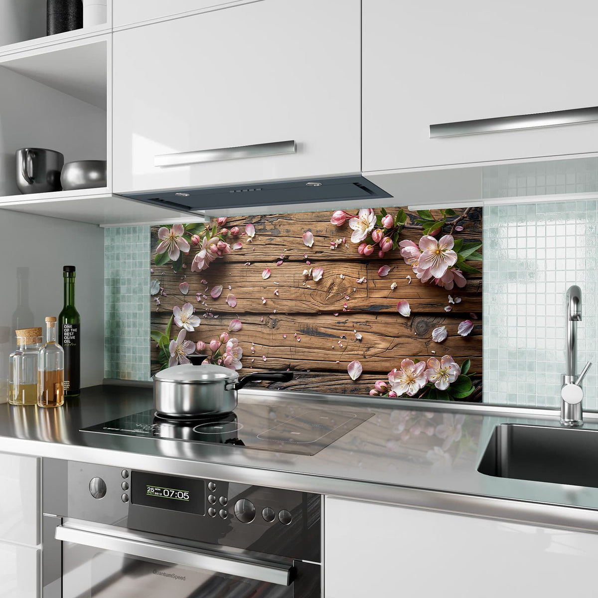 Küchenrückwand aus Glas Apfelblüten auf Holz im Hochformat als Spritzschutz hinter dem Kochfeld, über dem Fliesenspiegel montiert
