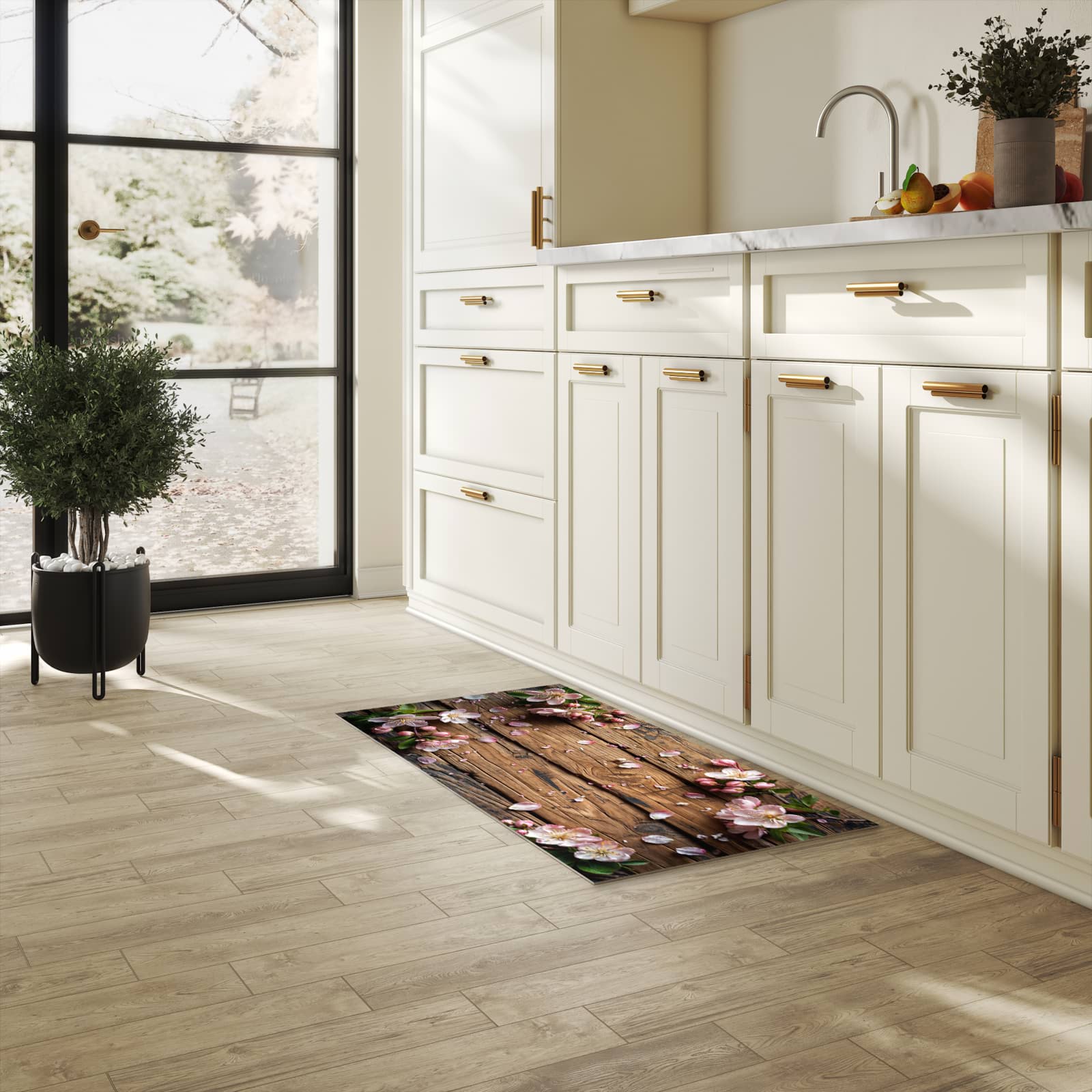 Rutschfester Küchenläufer mit Motiv Blüten auf Holz in heller Küche zum Waschen